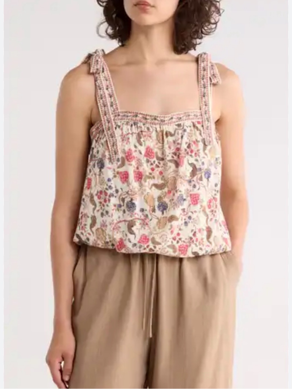 Max Studio Floral Tie-Shoulder Square-Neck Tank Top - Cream Multi